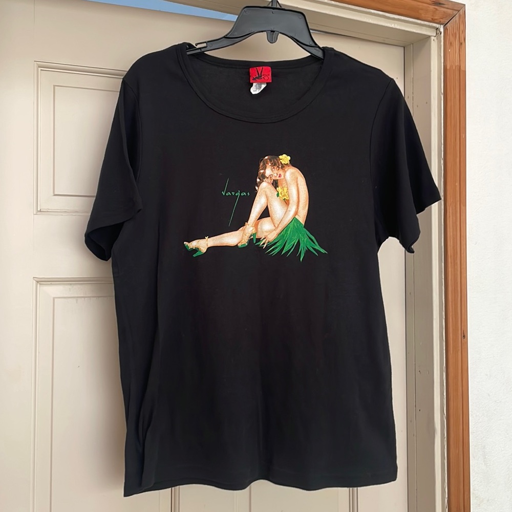 Vintage 1990s Rockabilly Pinup Girl Varga Black Tee Shirt Top. Sz: 1X NEW!